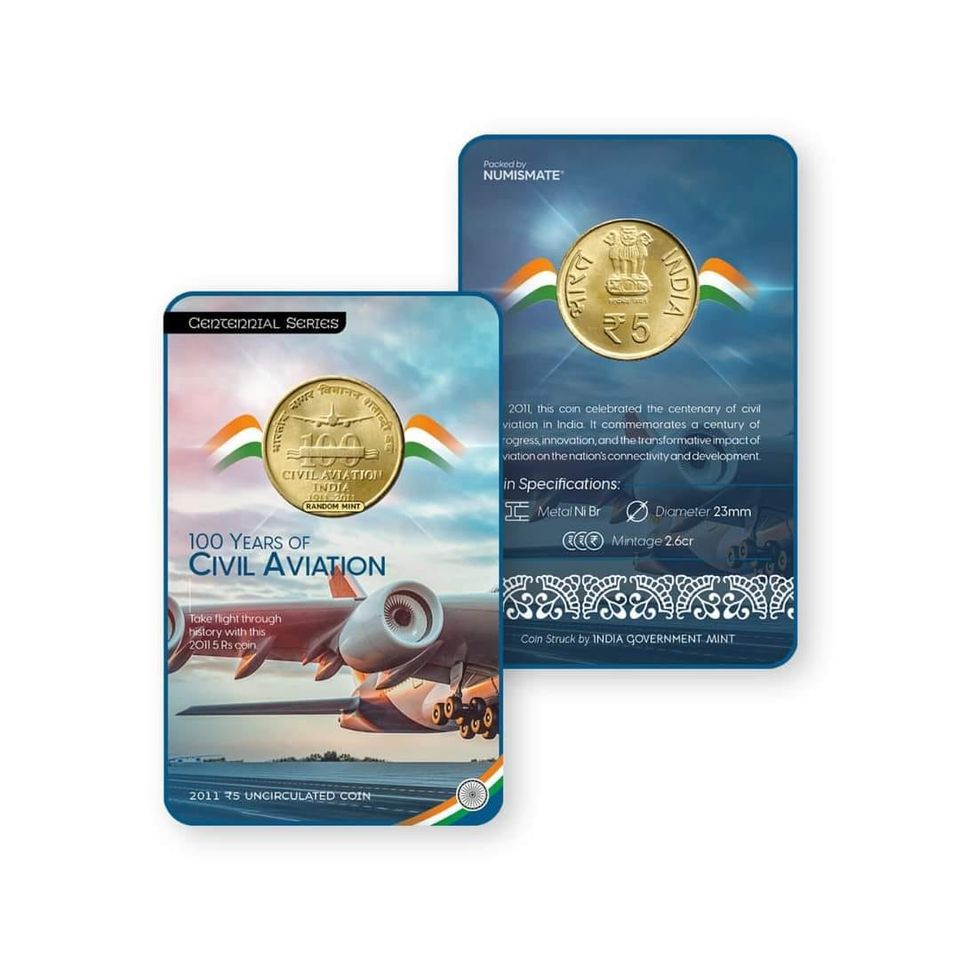Rs.5 100 YEARS OF CIVIL AVIATION Commemorative Coin Card - Special Edition image 0