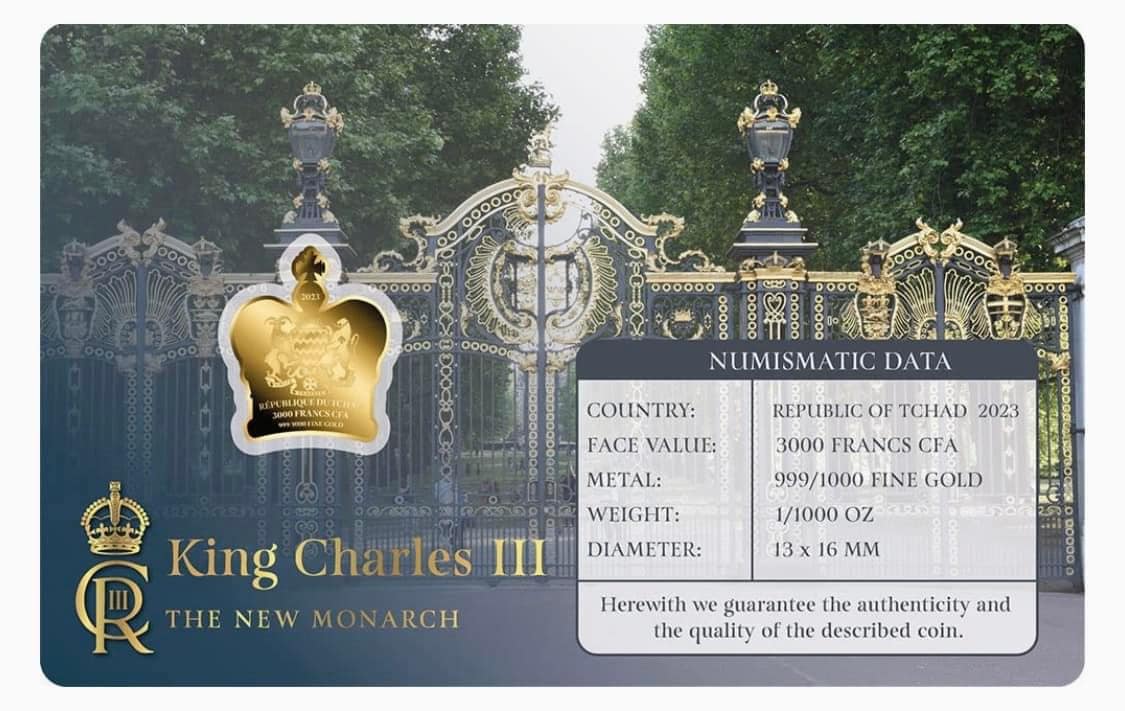 Chad - 2023 King Charles III The New Monarch Crown Shaped Commemorative Gold Coin in Card image 3