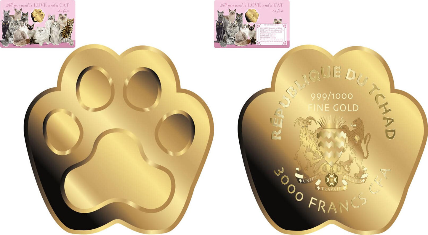 Chad - LOVE CAT Paw Shaped Commemorative Gold Coin in Card image 0