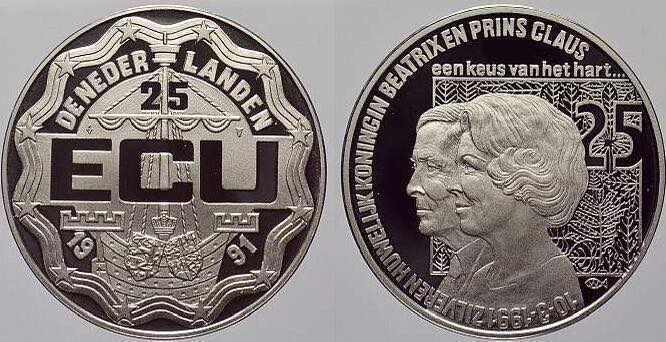 1991 Netherlands – 25 ECU - Silver Wedding Anniversary of Queen Beatrix