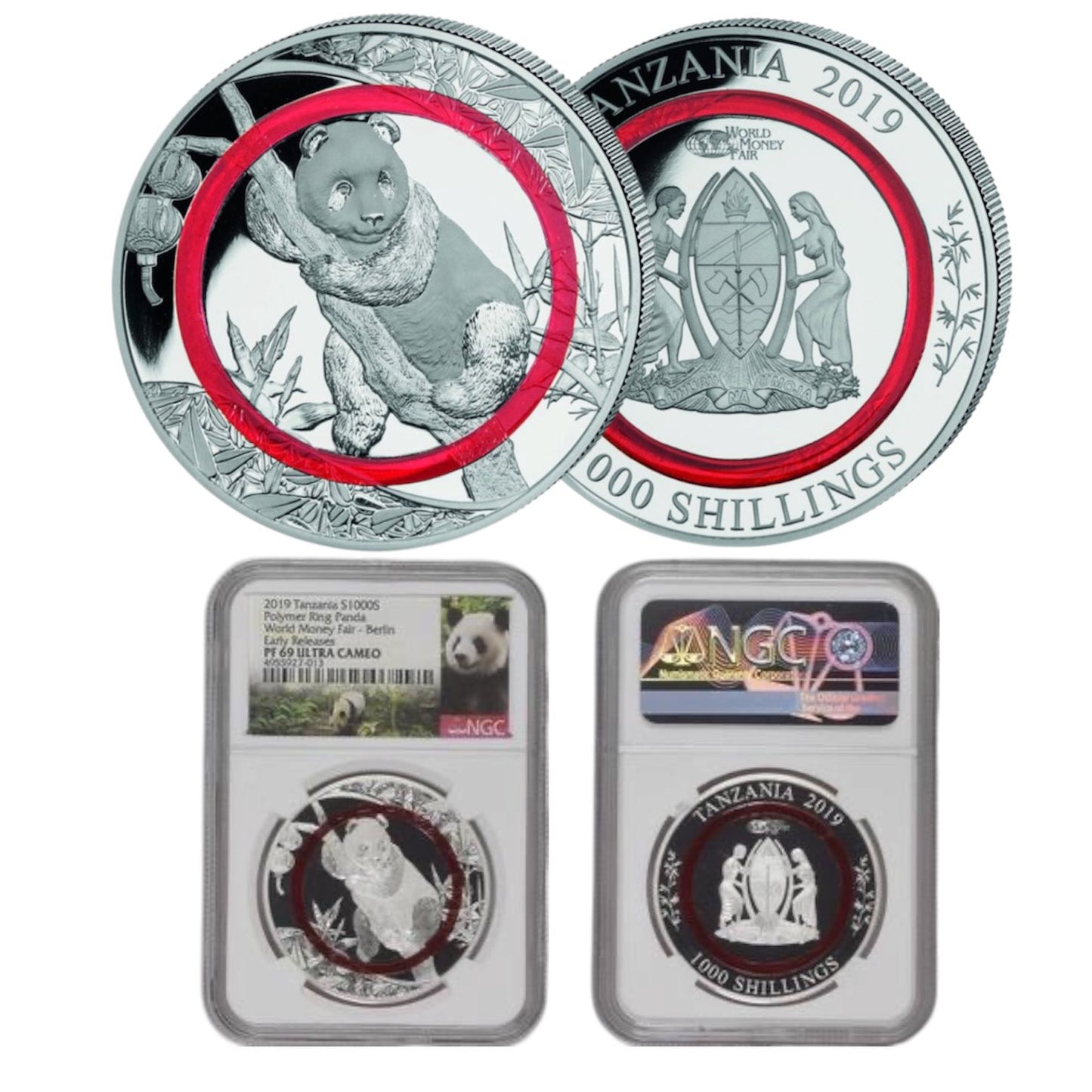 2019 Tanzania - 1000 Shillings - 1 Oz - Red Ring Panda –(NGC PF69 UC)