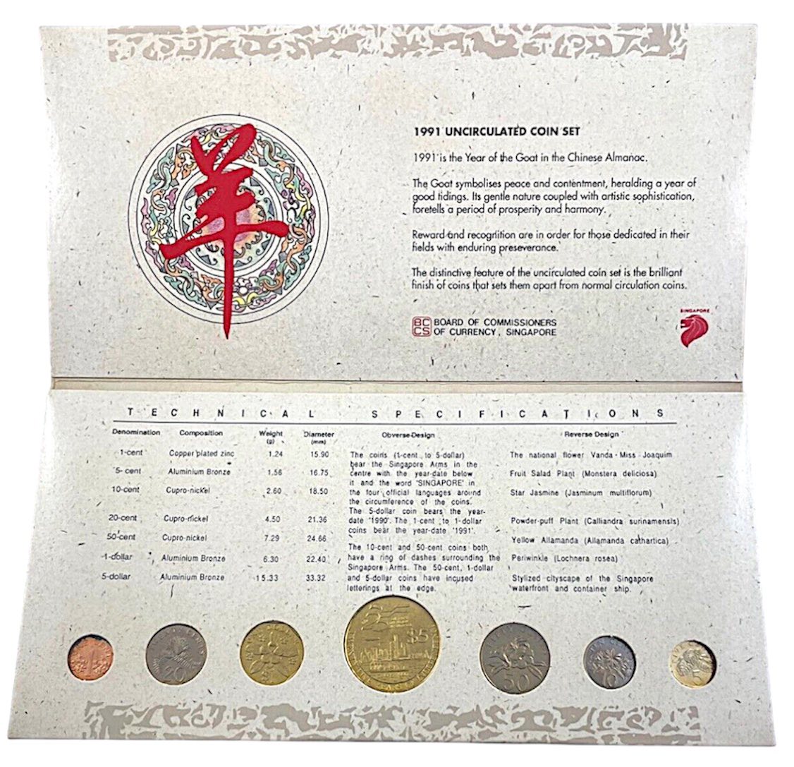 1991 Singapore - 7 Coins Set - Uncirculated Coin Set – Year of the Goat