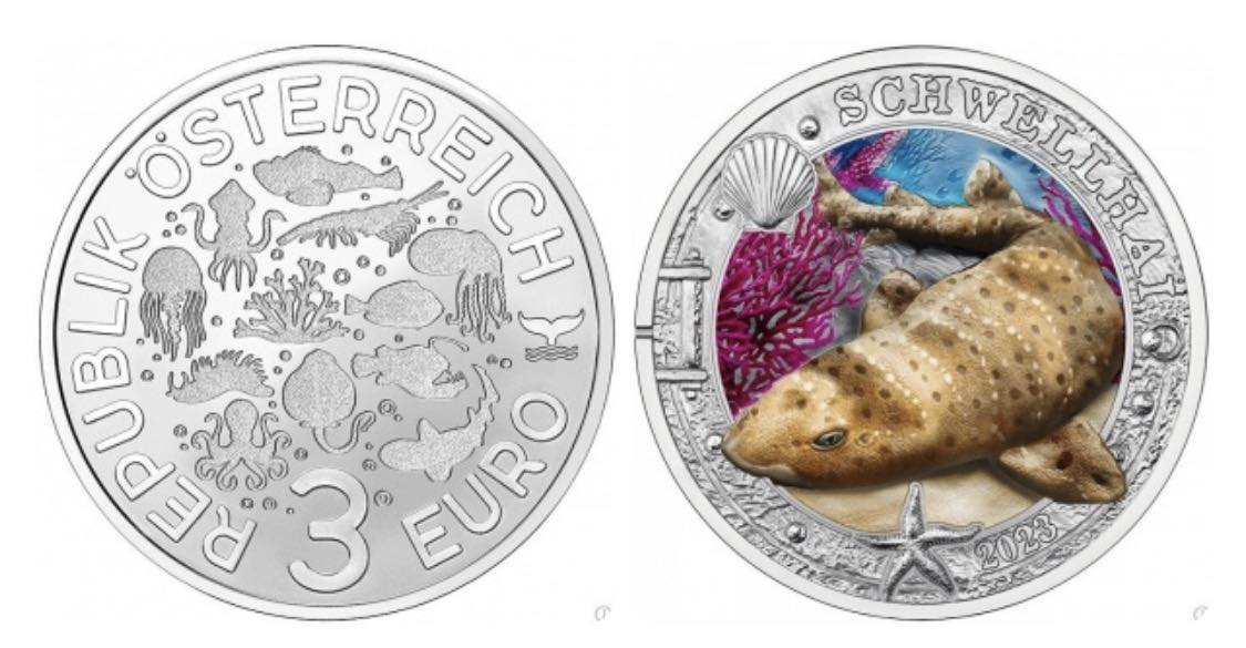 2023 Austria - 3 Euro - Swell Shark - Marine Life Series - Glow in the Dark Series