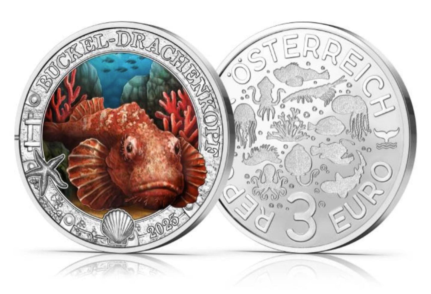 2025 Austria - 3 Euro - Red Gurnard - Luminous Marine Life Series) - Glow in Dark Series
