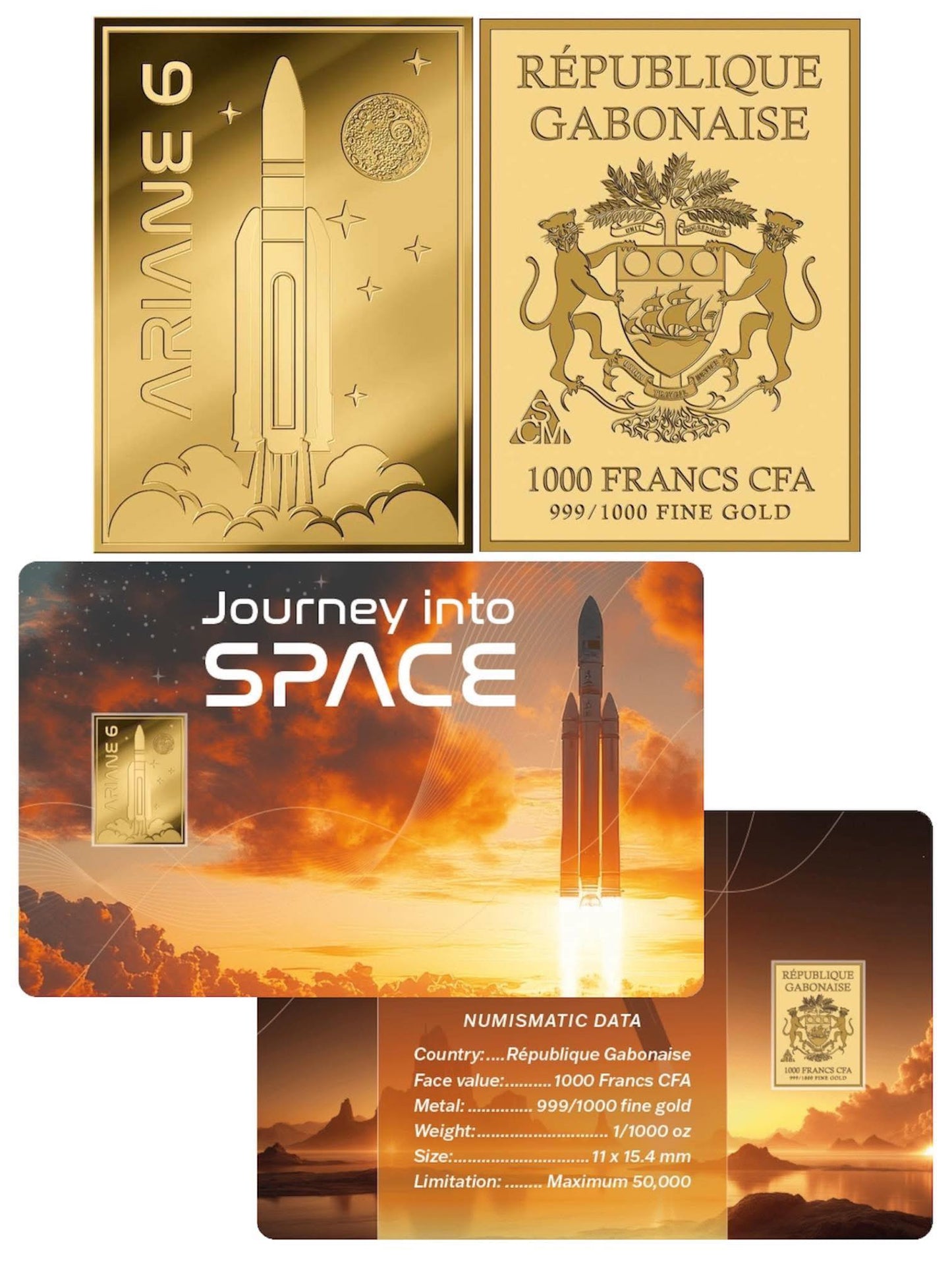 Gabon – 1000 Francs CFA - Journey into Space – Ariane Rocket Gold Bar