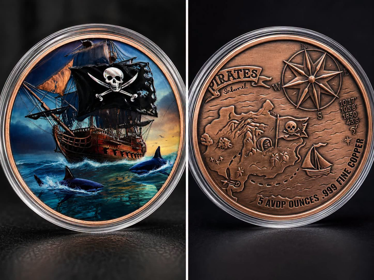 5 AVDP oz(141.75 g) - Pirates Ship – Colorized Copper Round