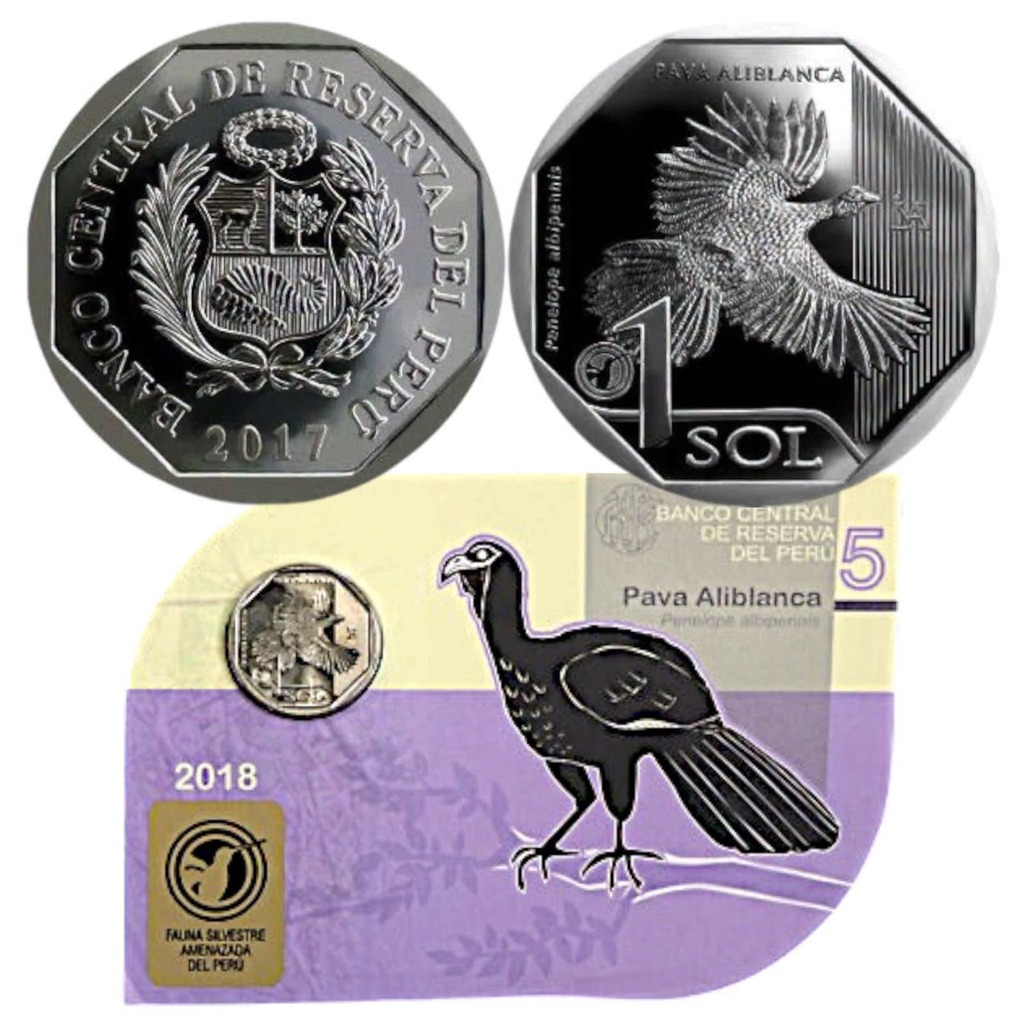 2018 Peru - 1 Sol - White-winged Guan 05/10 – Endangered Wildlife of Peru Coin Card