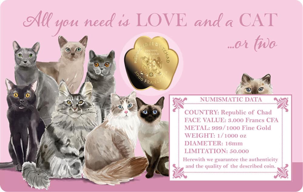 Chad - LOVE CAT Paw Shaped Commemorative Gold Coin in Card image 3