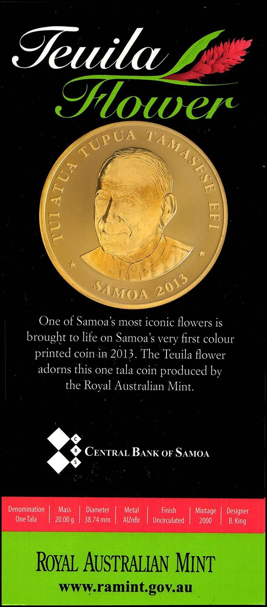 2013 Samoa – 1 Tala – Teuila Flower (Red Ginger)