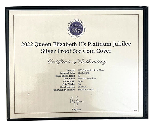 2022 Solomon Islands – 10 Dollars - Queen Elizabeth II Platinum Jubilee 5oz Silver Proof Coin Cover