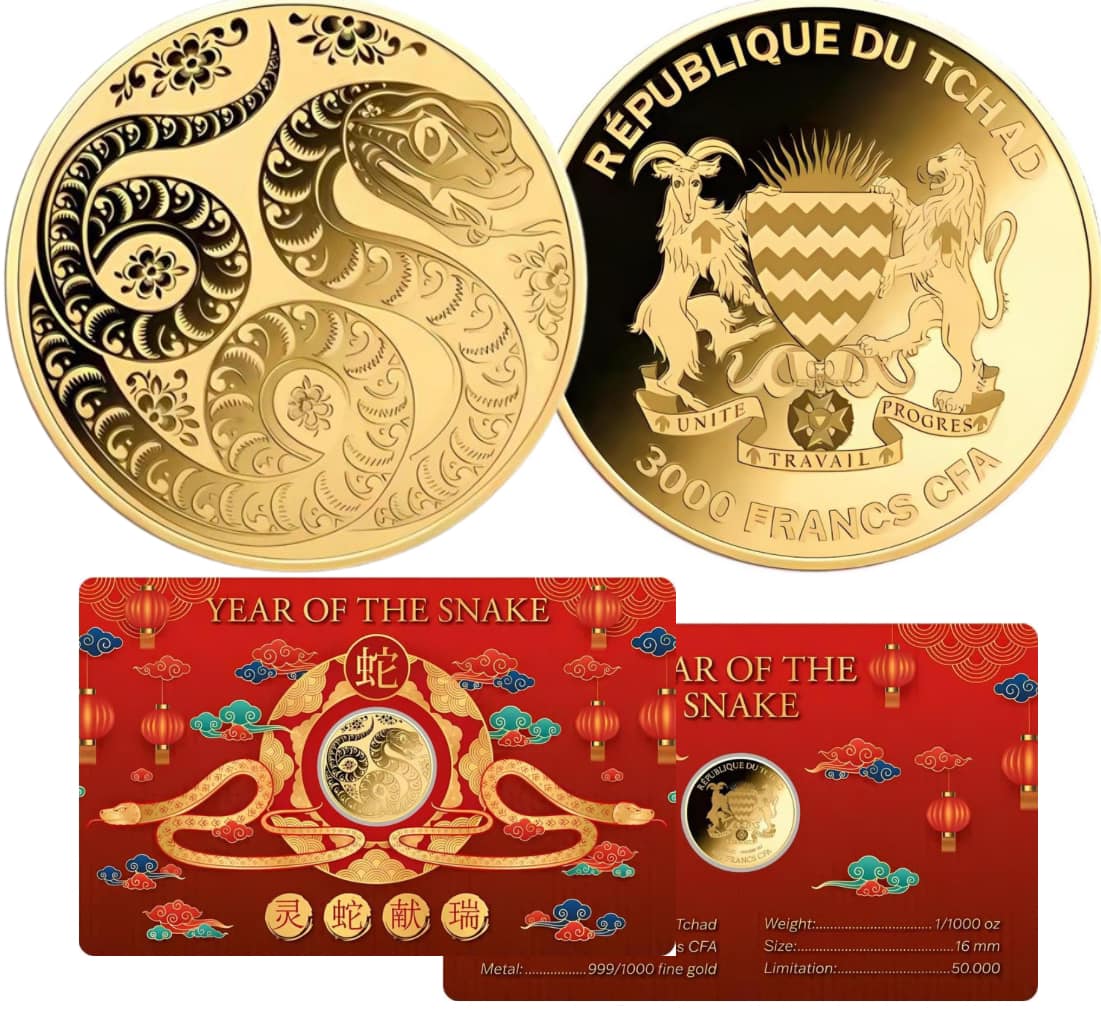 Chad – 2025 YEAR OF SNAKE Commemorative Gold Coin in Card image 1
