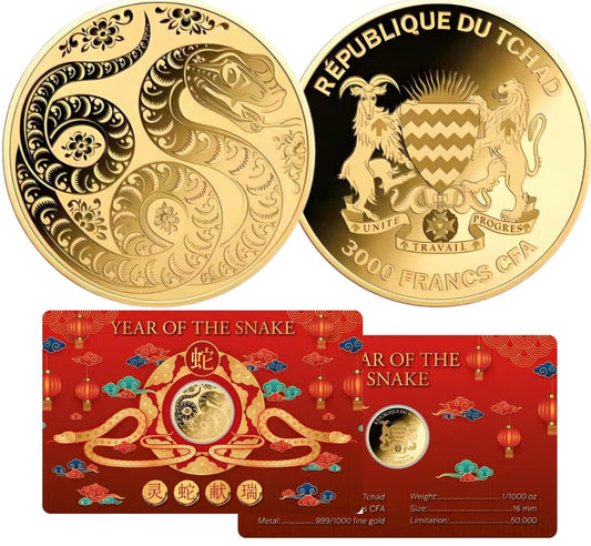 Chad – 2025 YEAR OF SNAKE Commemorative Gold Coin in Card image 1