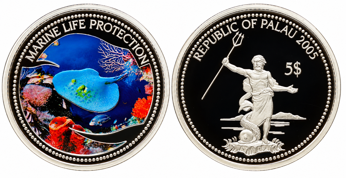 2005 Palau - $5 - Stingray - Marine Life Protection Colorized Silver Coin