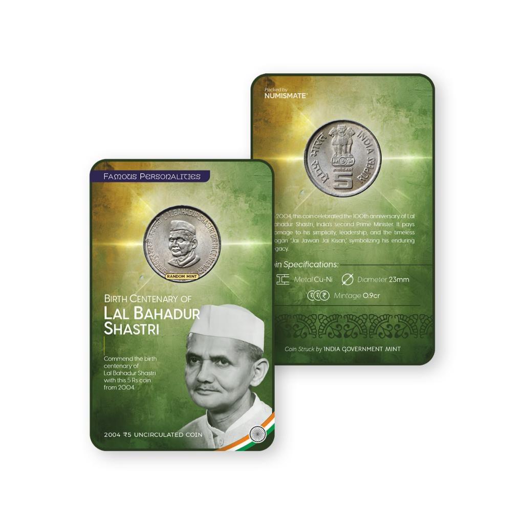Rs.5 BIRTH CENTENARY OF LAL BAHADUR SHASHTRI Commemorative Coin Card - Special Edition image 0