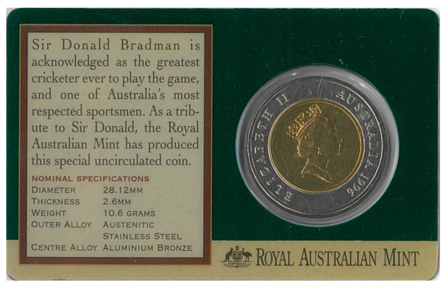 सर डोनाल्ड ब्रैडमैन को श्रद्धांजलि द्वि-धातु 1996 $5 अप्रचलित सिक्का