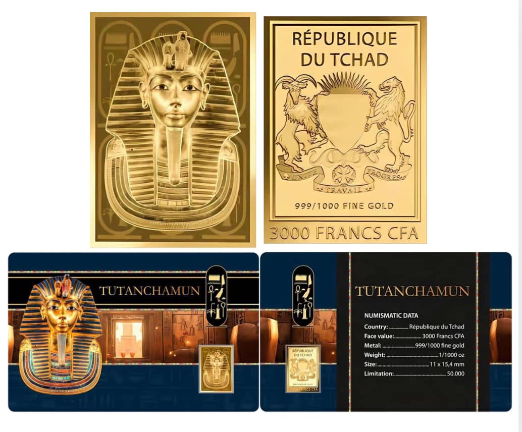 Chad – TUTANCHAMUN Rectangular Shaped Commemorative Gold Coin in Card image 1