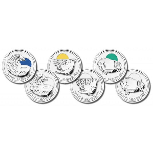 2011 Canada - 6 x 25 Cents - Legendary Nature – Complete Wildlife Set (Coloured + Uncoloured)