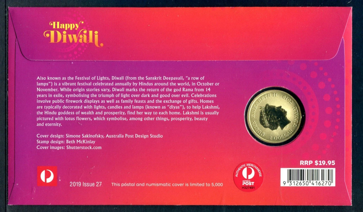 2019 Tuvalu – Happy Diwali – Mata Laxmi Colored Coin PNC Pack