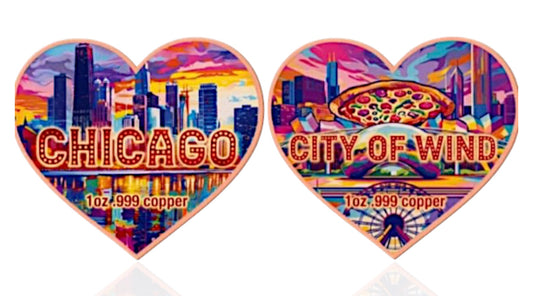 1 Troy Ounce .999 Fine Chicago Heart-Shaped Copper Bullion Bar