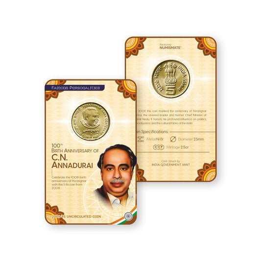 Rs.5 100th BIRTH ANNIVERSARY OF C.N. ANNADURAI Commemorative Coin Card - Special Edition image 0