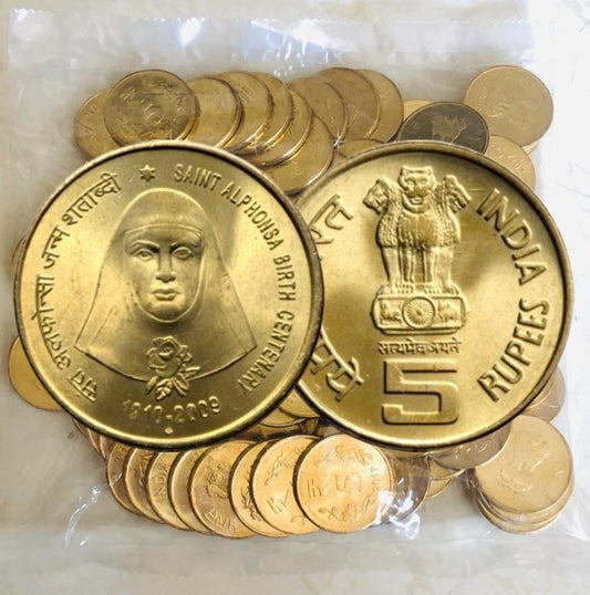 Rs. 5 Saint Alphonsa 100 coin RBI SEAL Mumbai Mint Pack image 0