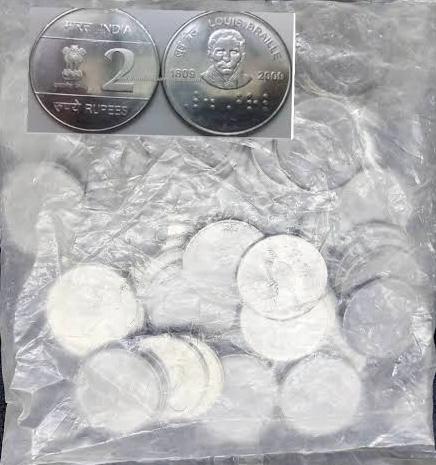 Rs. 2 Louis Braille 100 Coin RBI SEAL Bombay Mint Pack image 0