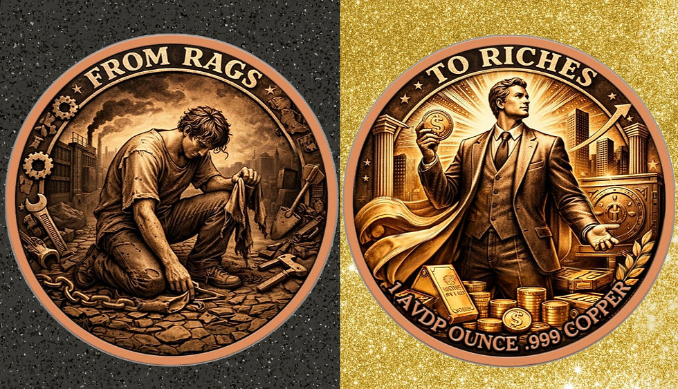 1 AVDP oz (28.4g) - Rags to Riches Copper Colored Round