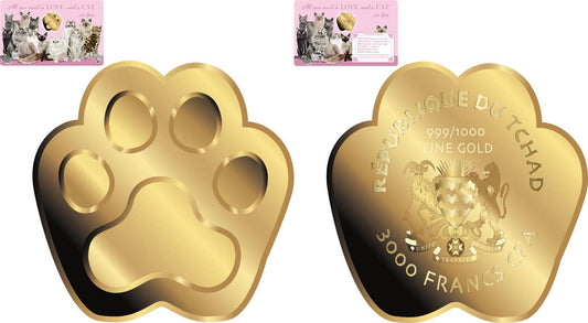 Chad - LOVE CAT Paw Shaped Commemorative Gold Coin in Card image 0