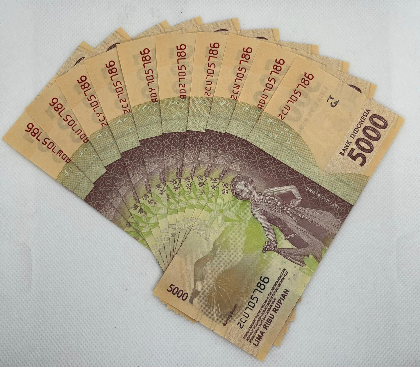 2016 Indonesia – 5,000 Rupiah Banknotes – 10 Notes Lot - Serial Ending 786