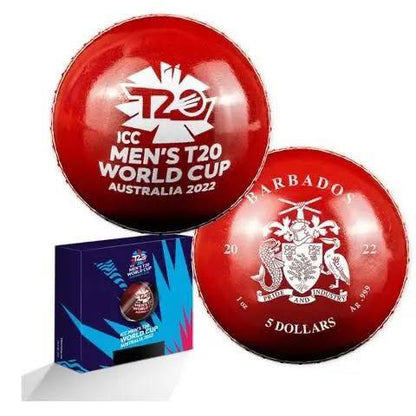 2022 Barbados - 5 Dollars - T20 Cricket World Cup 1oz Ball - Shaped 3D Coloured Silver Coin