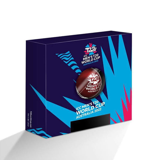 2022 Barbados - 5 Dollars - T20 Cricket World Cup 1oz Ball - Shaped 3D Coloured Silver Coin