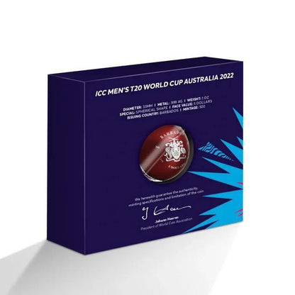 2022 Barbados - 5 Dollars - T20 Cricket World Cup 1oz Ball - Shaped 3D Coloured Silver Coin