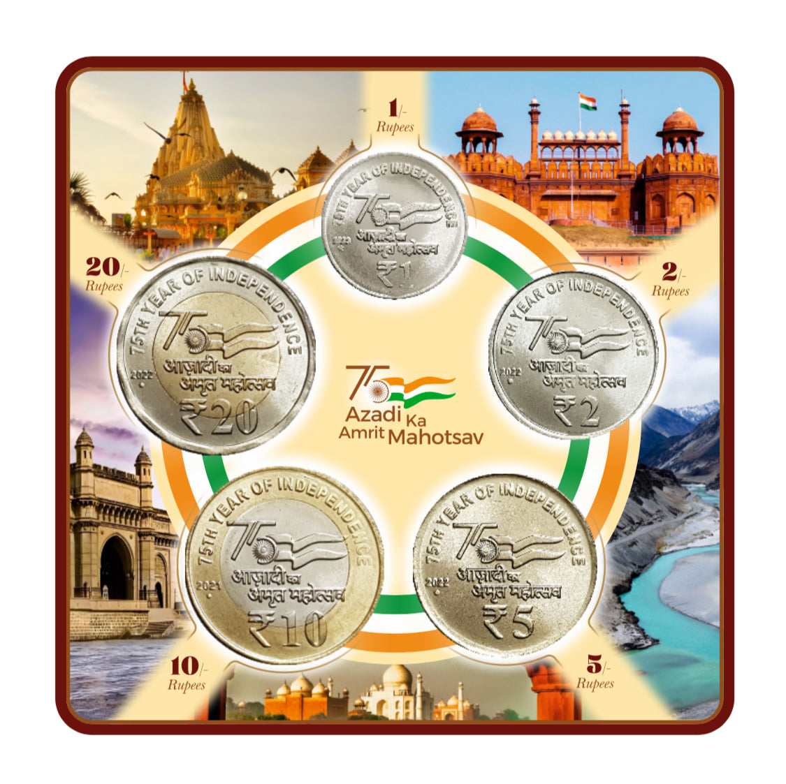 Azadi Ka Amrit Mahotsav AKAM – 75 Years of Independence – 5 Coin Set Coin Card