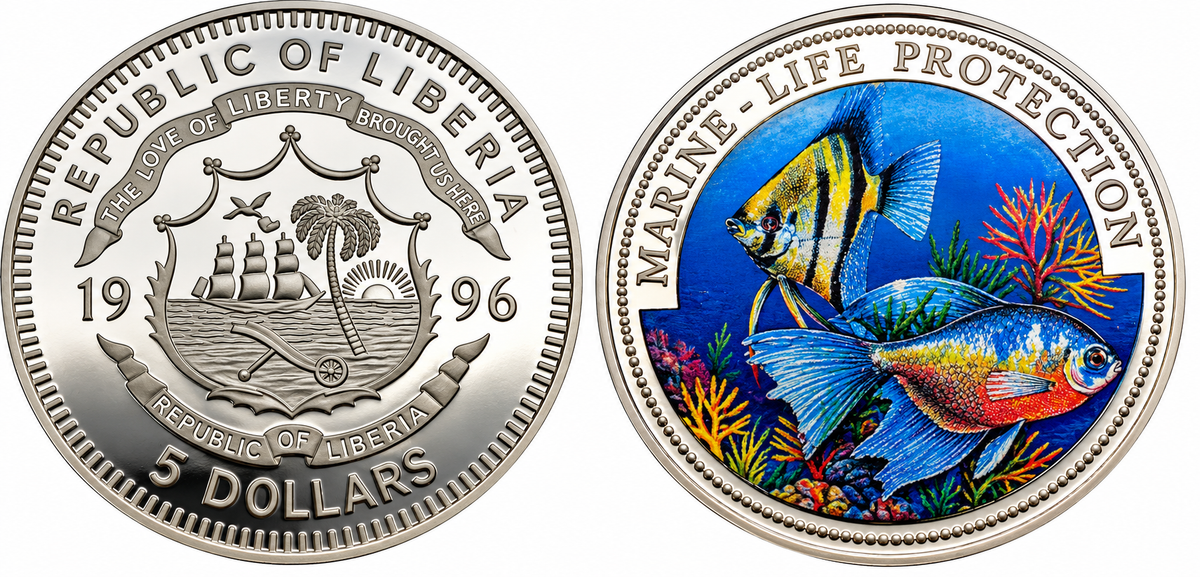 1996 Liberia - $5 - Marine Life Protection Colorized Silver Coin