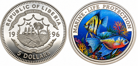 1996 Liberia - $5 - Marine Life Protection Colorized Silver Coin
