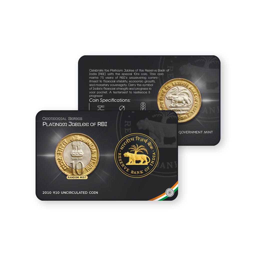 Rs.10 PLATINUM JUBILEE OF RBI Commemorative Coin Card - Special Edition image 0