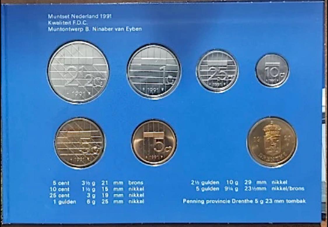 1991 Netherlands – 5c, 10c, 25c, 1 Gulden, 2½ Gulden, 5 Gulden & a Token - 6-Coin Mint Set