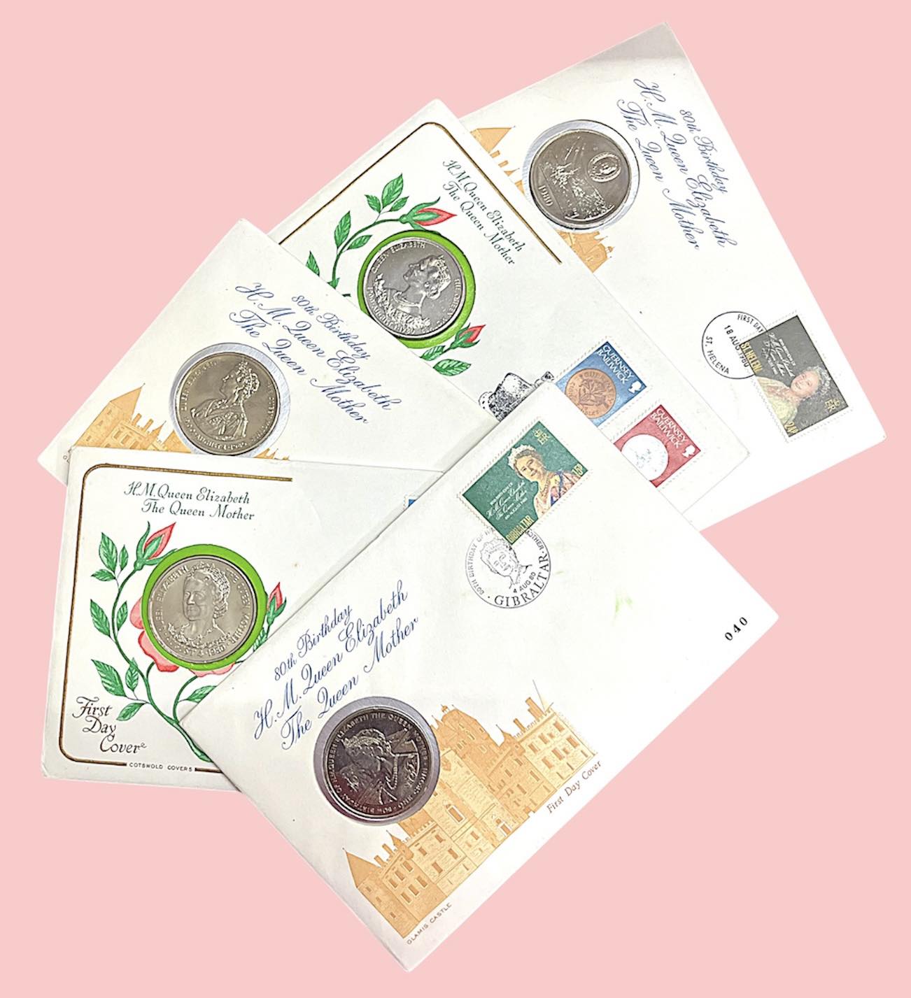 Mixed Countries – Crown Coins (Gibraltar, St. Helena & others) -  Queen Mother 80th Birthday Coin Covers - 5 FDC Pack