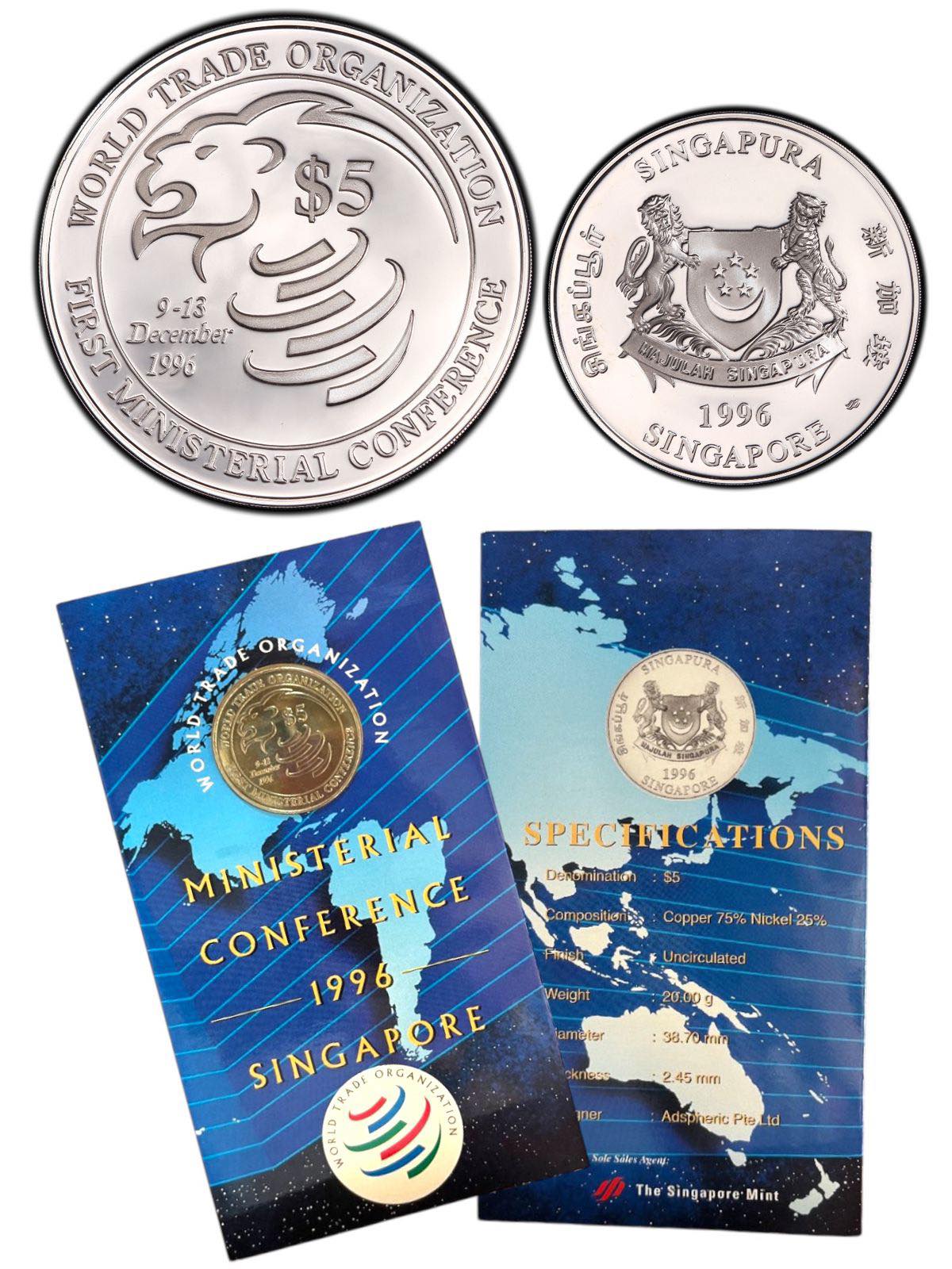 1996 Singapore – 5 Dollars - WTO – World Trade Organization