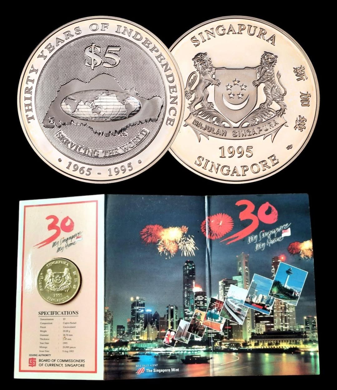 1995 Singapore – $5 - 30 Years of Independence Singapore Commemorative Coin