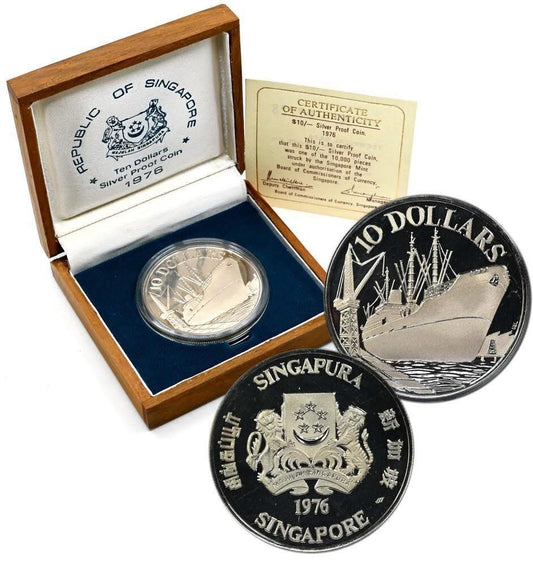 1975 Singapore – 10 Dollars - 1 Oz - 10th Anniversary Independence Ship Silver Proof