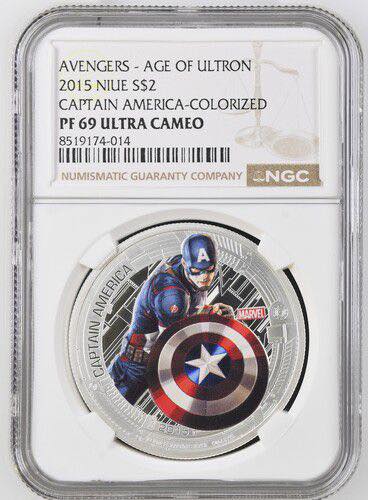 2015 Niue - 2 Dollars - 1 Oz - Captain America (Avengers: Age of Ultron) Colorized Silver Coin – NGC PF69 UC