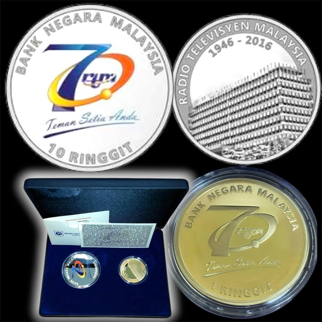 2016 Malaysia – 10 Ringgit & 1 Ringgit - 1 Oz 70 Years of Radio Televisyen Malaysia Commemorative 2-Coin Set