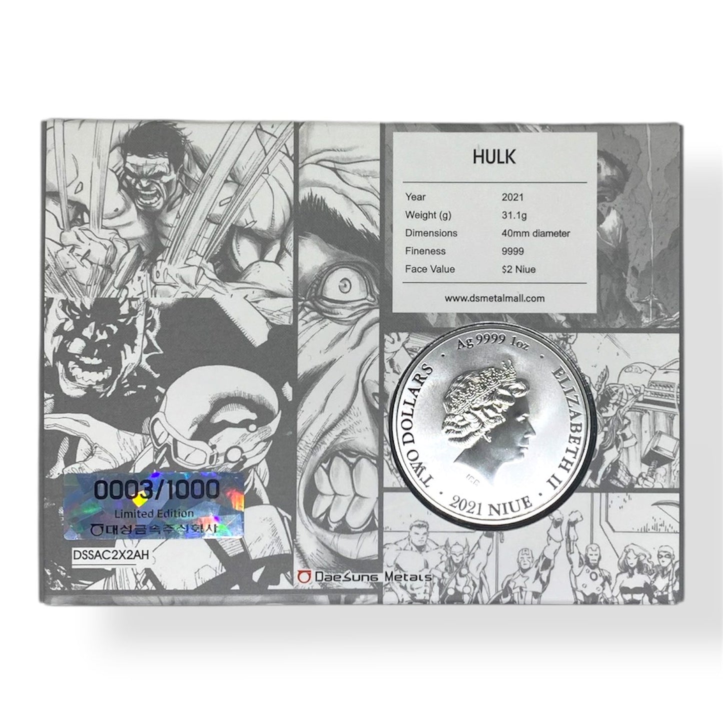2021 Niue – 2 Dollars - 1 Oz Marvel Classic Superheroes – Hulk