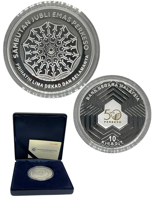 2021 Malaysia - RM10 - 1 Oz - Malaysia – 50th Anniversary PERKESO (SOCSO) Silver Colored Proof Coin