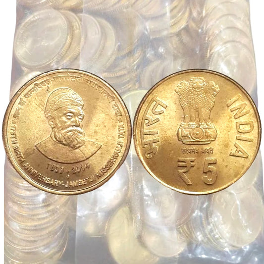 Rs. 5 Jamshedji Nusserwanji Tata 100 Coin RBI SEAL Mumbai Mint Pack image 0