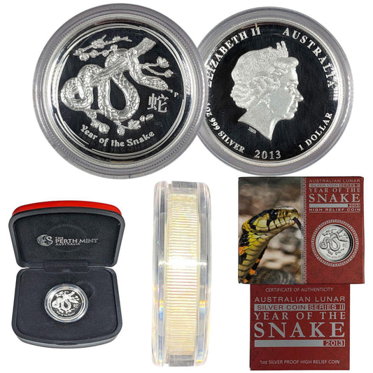 2013 Australia -1 Dollar - 1 Oz - Year of the Snake Piedfort Silver Coin