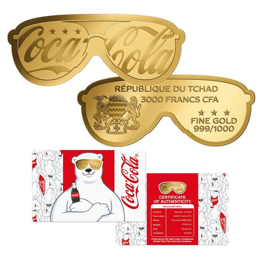 Chad - COCA COLA SUNGLASSES Shaped Commemorative Gold Coin in Card image 1