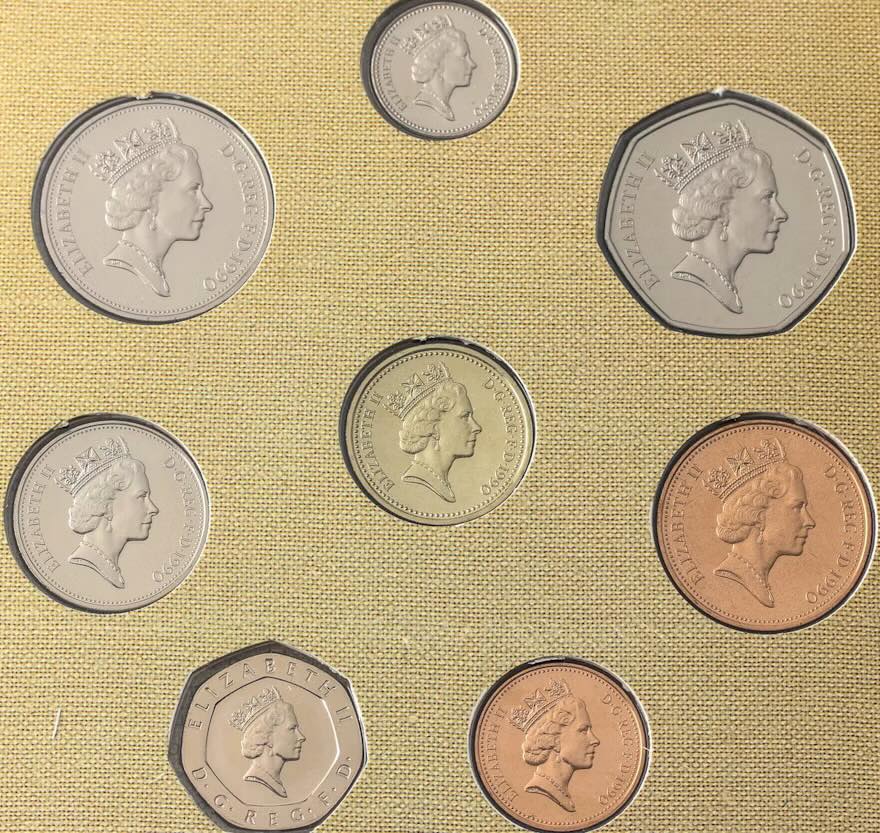 1990 United Kingdom - 1p, 2p, 5p, 10p, 20p, 50p, £1, £1 Crown - Brilliant Uncirculated Coin Collection