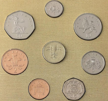 1990 United Kingdom - 1p, 2p, 5p, 10p, 20p, 50p, £1, £1 Crown - Brilliant Uncirculated Coin Collection